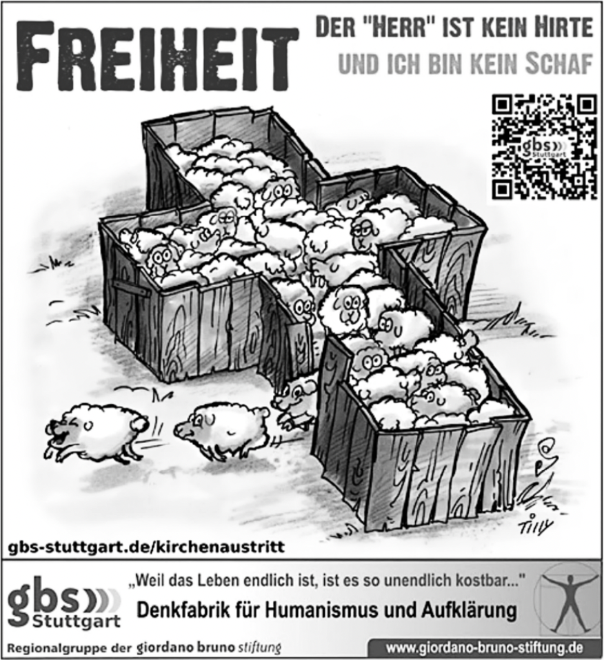 Cartoon: Schafe in kreuzförmigem Gehege, zwei Schafe laufen weg; Überschrift "Freiheit" und Slogan gegen Kirche.